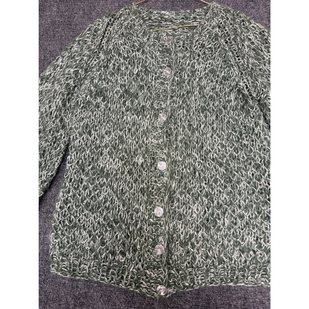 Handmade Cardigan Sweater Women Medium Green Wool Blend Chunky Marled Knit - Picture 3 of 8